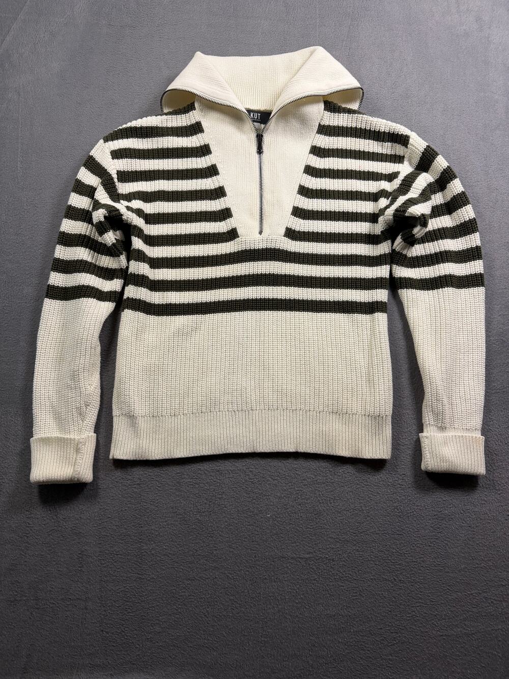 KUT from the Kloth Noley Striped Quarter Zip Sweater Cream Olive Green Womens M